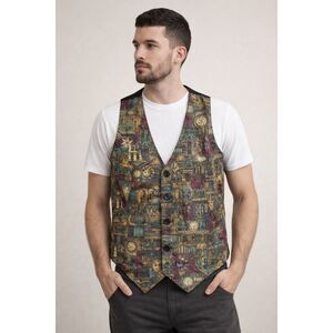 Sostanza Tapestry Vest Mens M Celestial Medieval Steampunk Print